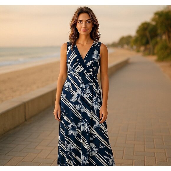 Navy Blue Floral Striped Sleeveless Maxi Dress Size 22W 3X‎ Plus Size Summer - Picture 1 of 8